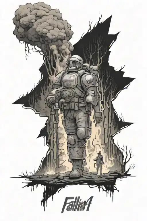 fallout 4 man standing and looking at burning posapocalypsis forest tattoo design idea