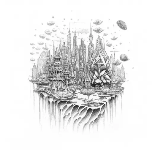 Underwater cityscape with marine life tattoo design idea