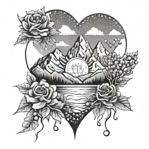 flowers, mountains, Heart, joyfull, Travel, Sun, love, tattoo design idea