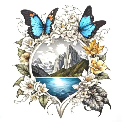 flowers, mountains, Sun, shellfish, butterfly, joyfull, World, Heart  tattoo design idea