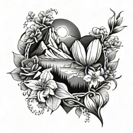 flowers, mountains, Heart, joyfull, Travel, Sun, love, ornamental tattoo design idea