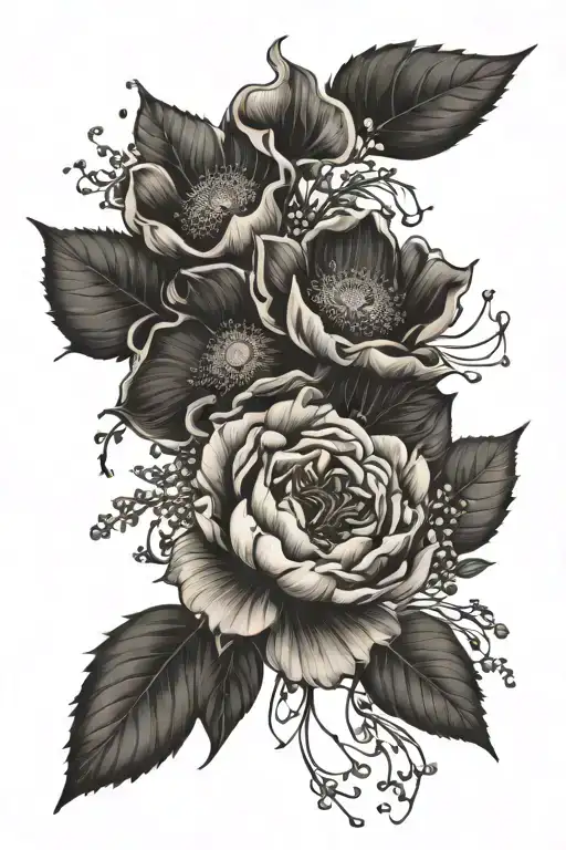 birth month flower bouquet fine line January, March, April, August, November tattoo design idea
