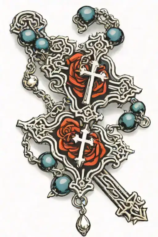 rosary with beads wrapped around arm all the way down to the wrist with a cross hanging off the wrist onto the hand   tattoo design idea