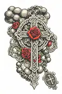rosary with beads wrapped around arm all the way down to the wrist with a cross hanging off the wrist onto the hand   tattoo design idea