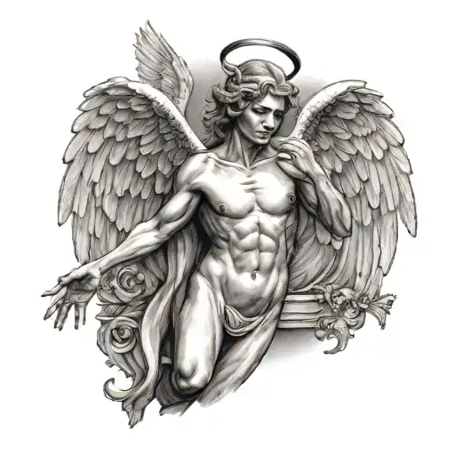 angel with open wings half devil tattoo design idea