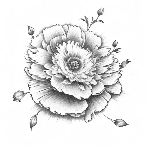 A bouquet of flowers featuring a peony, gerbera, tulip, rose, and carnation tattoo design idea