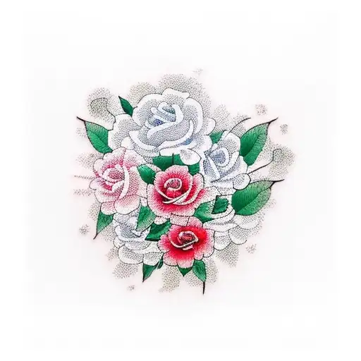 garden with four rose bushes varying shades of red, and each bush with different tattoo design idea