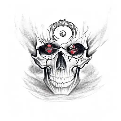 Skull with crimson smoky eyes a ring of fire around it and the Word Ira underneath it  tattoo design idea