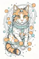 calico cat in space with peaches falling like raindrops tattoo design idea