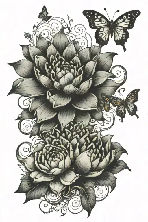 A spine tattoo design featuring a female unalome intricately woven with a lotus flower, delicate butterflies, an tattoo design idea