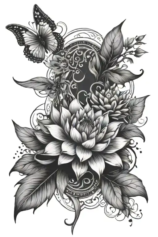 A spine tattoo design featuring a female unalome intricately woven with a lotus flower, delicate butterflies, an tattoo design idea