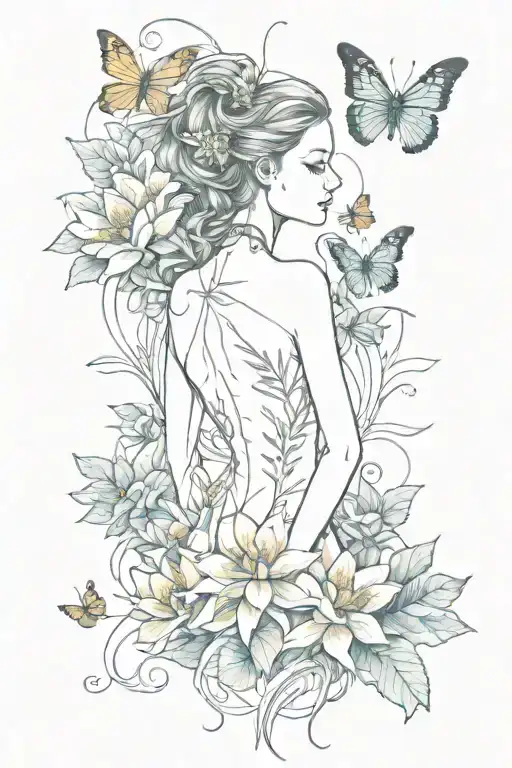 A spine tattoo design featuring a female unalome intricately woven with a lotus flower, delicate butterflies, an tattoo design idea