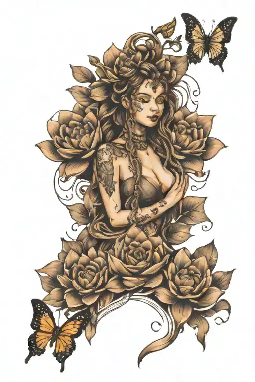 A woman's spine tattoo design featuring a female unalome intricately woven with a lotus flower, delicate butterflies, an tattoo design idea