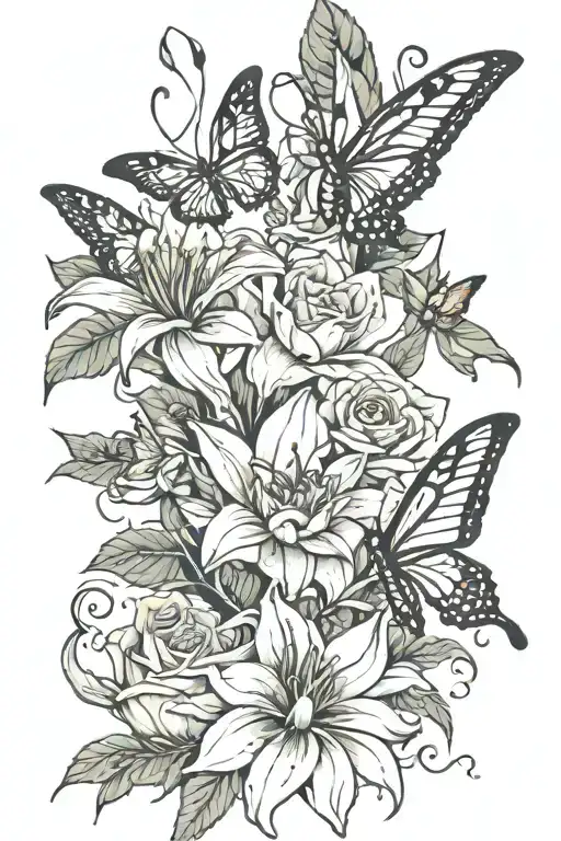 lilies, sunflowers daisies roses with butterflies dragonflies tattoo design idea