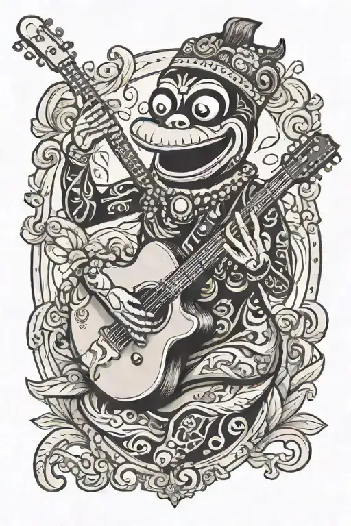 A traditional Indonesian puppet playing a guitar made of coffee beans tattoo design idea