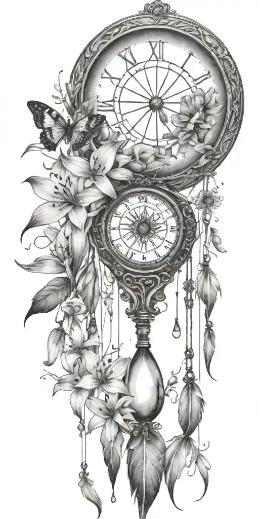 An hourglass moon dream catcher filled with lilies and butterflies Queen Anne's lace  nature tears broken depressed tattoo design idea