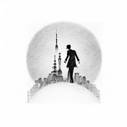 A Tokyo cityscape with a silhouette of a tango couple dancing on top of a skyscraper tattoo design idea