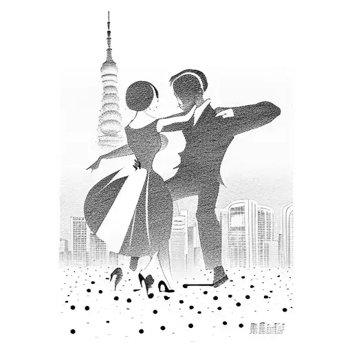 A Tokyo cityscape with a silhouette of a tango couple dancing on top of a skyscraper tattoo design idea