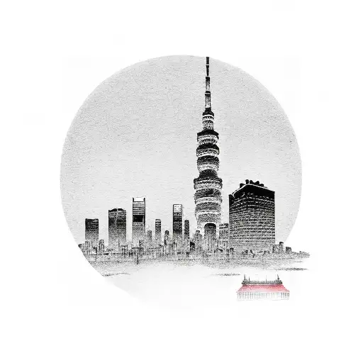 A Tokyo cityscape with a silhouette of a tango couple dancing on top of a skyscraper tattoo design idea