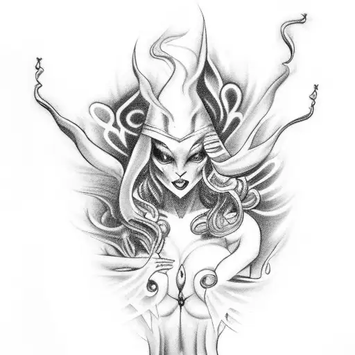 A dark arts-inspired tattoo featuring a seductive figure dancing with flames and musical notes tattoo design idea
