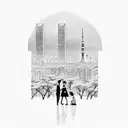 A Tokyo cityscape with a silhouette of a tango couple dancing on top of a skyscraper tattoo design idea