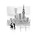 A Tokyo cityscape with a silhouette of a tango couple dancing on top of a skyscraper tattoo design idea