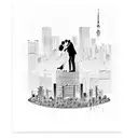 A Tokyo cityscape with a silhouette of a tango couple dancing on top of a skyscraper tattoo design idea