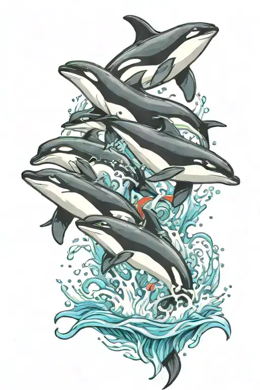 family of 6 orcas jumping out of water, shoulder tattoo, colored water  tattoo design idea