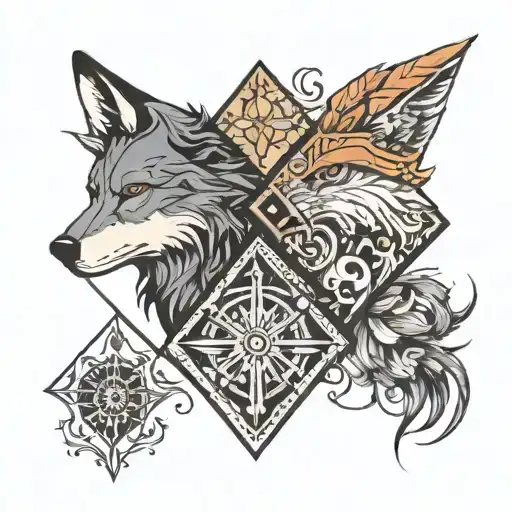 Rhombus divided by half on the left side a wolf and on the right a phoenix tattoo design idea