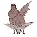 Godzilla with Mothra behind him busting through a triangle  tattoo design idea