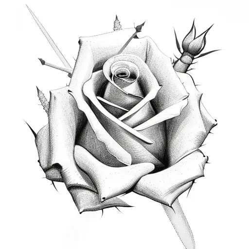 roses with thorns going around sword tattoo design idea