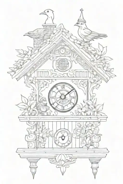 simple cuckoo clock Bavarian with edelweiss surrounding and chimney decorative roof and weights on bottom  tattoo design idea