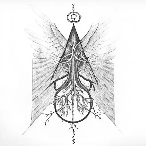 tree of wings with roots  as triangle at the bottom, wings with letters A E S tattoo design idea