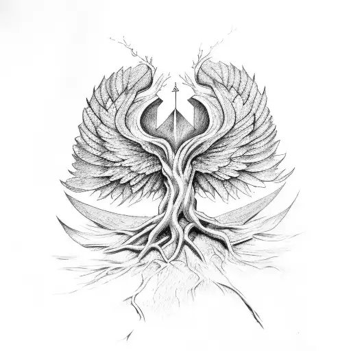 tree of wings with roots  as triangle at the bottom, wings with letters A E S tattoo design idea