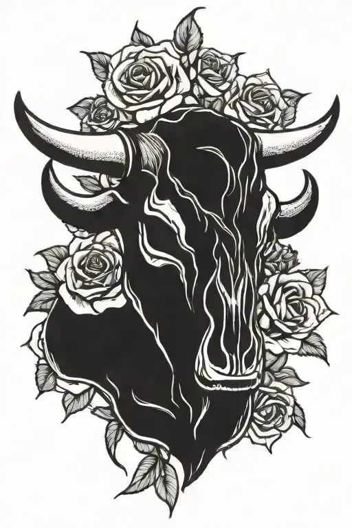 bull, roses, western bull skull tattoo design idea