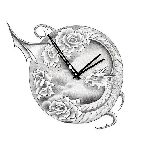 dragon clock flowers tattoo design idea