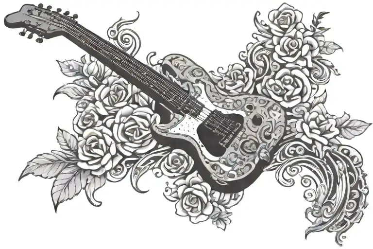 generate black white 3K car, bass guitar, baseketball, rock, money, house, flower, faith, peace on fire body tattoo   tattoo design idea