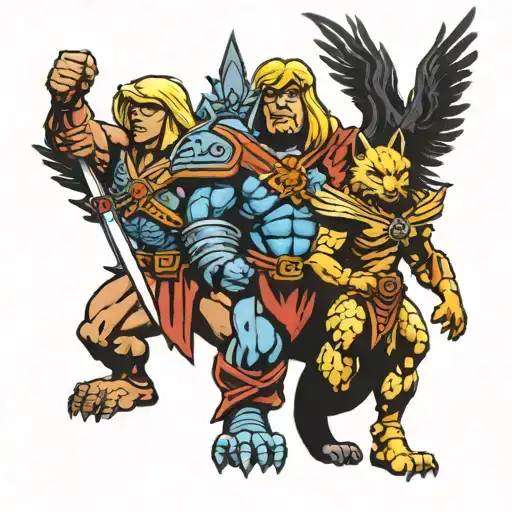 He-man and Shira cod of arms with battle cat on the left and swift wing on the right  tattoo design idea