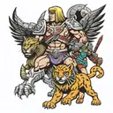 He-man and Shira cod of arms with battle cat on the left and swift wing on the right  tattoo design idea