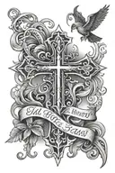 Cross tattoo with scroll around it luminous points with dad and est 1967 tattoo design idea