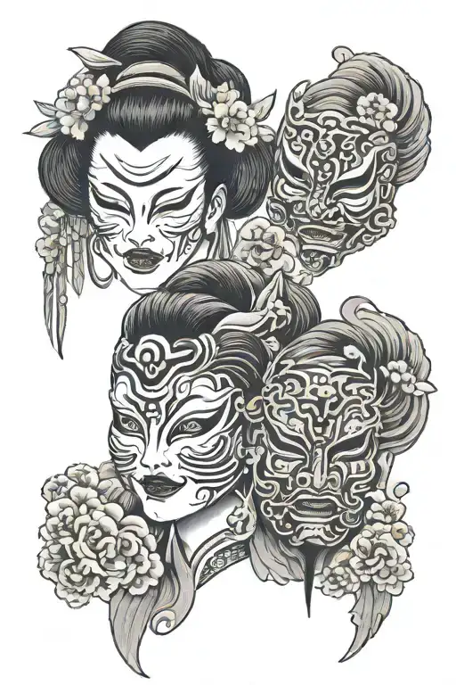 Japanese masks with geishas. tattoo design idea
