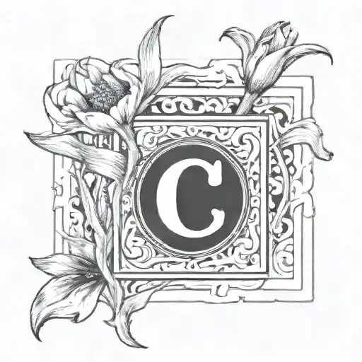 Scrabble tile with the letter "C." There are vines and tulips on top of the tile. bottom right hand corner says 1951 tattoo design idea