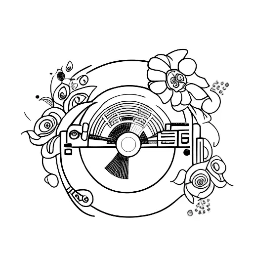 A traditional tattoo of a DJ mixing music on turntables, surrounded by vibrant flowers tattoo design idea