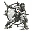 A powerful tattoo design featuring the Roman god of war, Mars, surrounded by motivational quotes, set against a beach background tattoo design idea