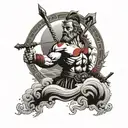 A powerful tattoo design featuring the Roman god of war, Mars, surrounded by motivational quotes, set against a beach background tattoo design idea
