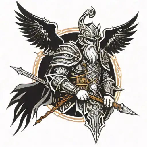 Black tattoe of odin with his spear and valkyras around him in their full armor tattoo design idea