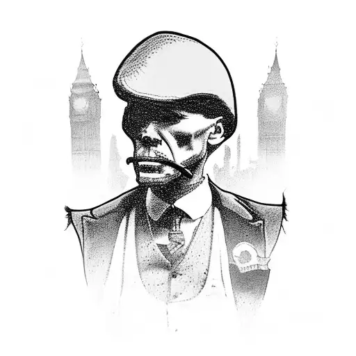 A black-grey tattoo of the Peaky Blinders gang sitting in the Millennium Falcon from Star Wars, with London skyline in the background tattoo design idea