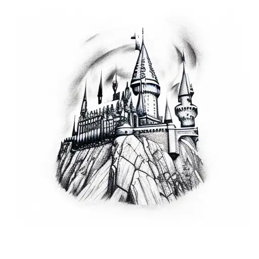 A tattoo of Hogwarts Castle in sketch style, with the Los Angeles Lakers logo incorporated into the design tattoo design idea