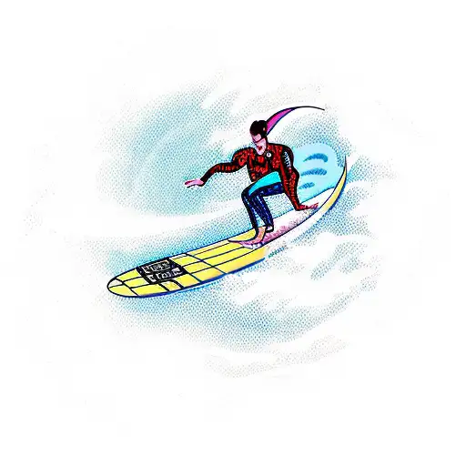 A surfing bank teller riding a wave with a dragon flying overhead tattoo design idea