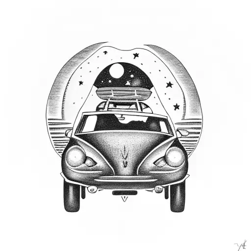 four girls in a car under the stars tattoo design idea